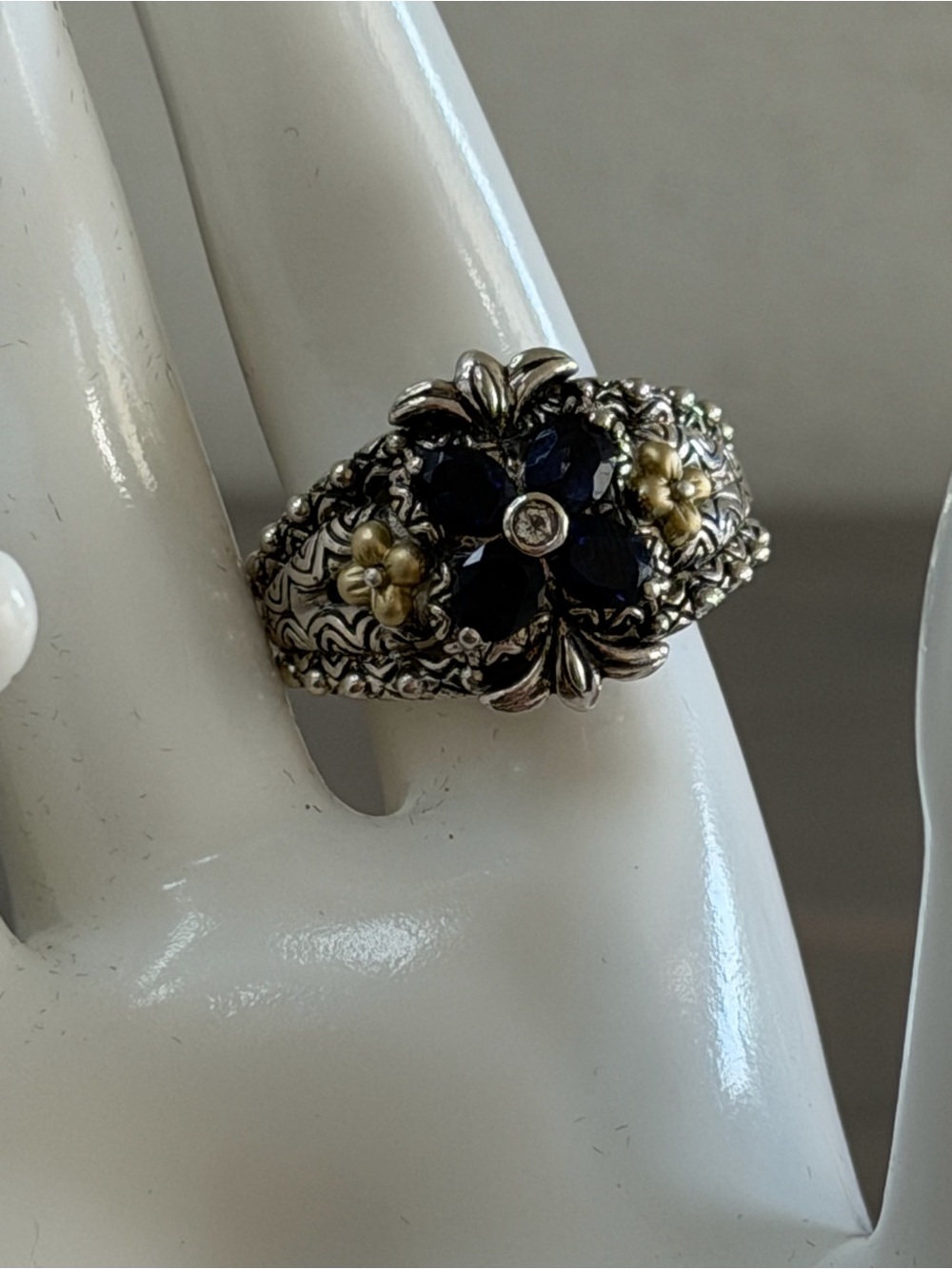 Barbara Bixby Sterling Silver and 18k Gold Iolite Flower Ring - size 9